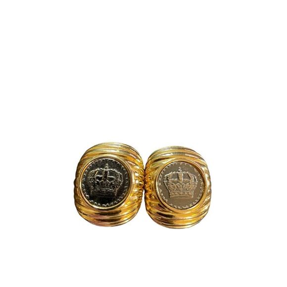 Vintage Joan Rivers Designer Coin Crown Clip On Earrings Gold Tone Signed - Picture 1 of 5